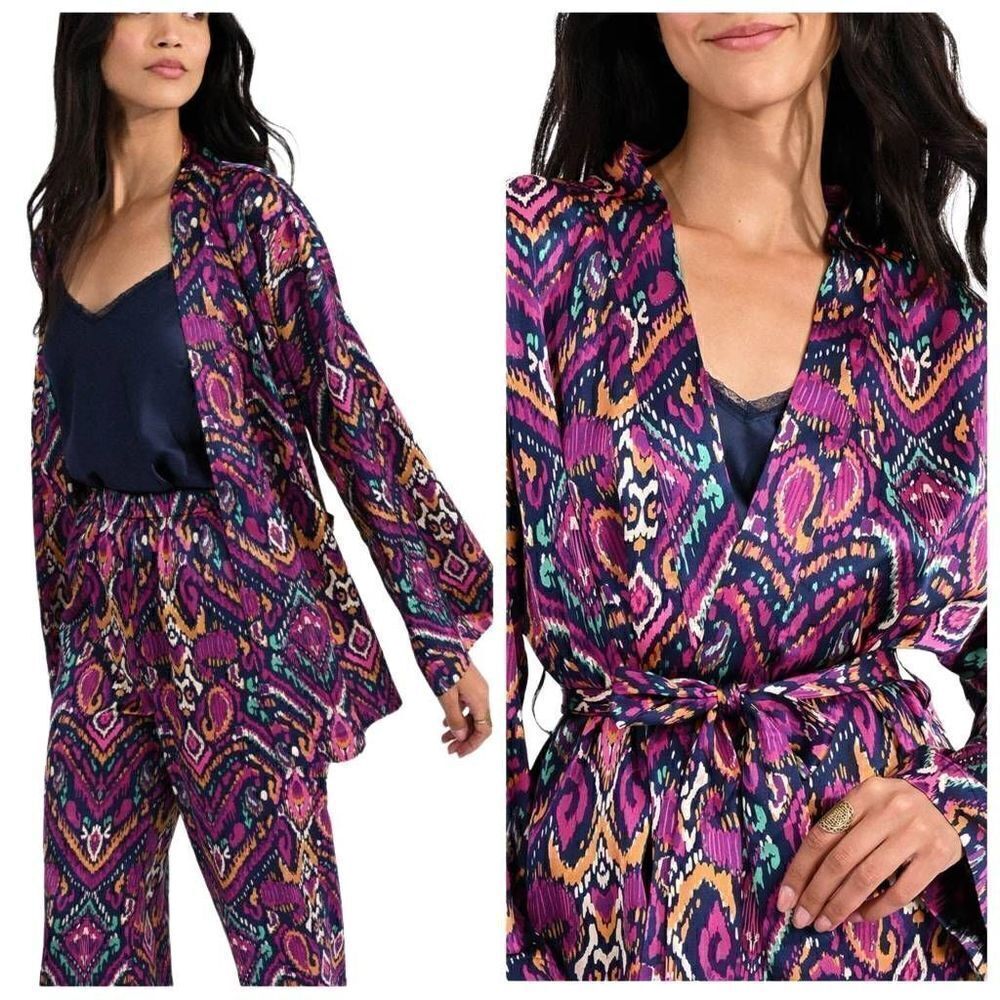 Molly Bracken Printed Satin Kimono Jacket Tie Belt Size Medium